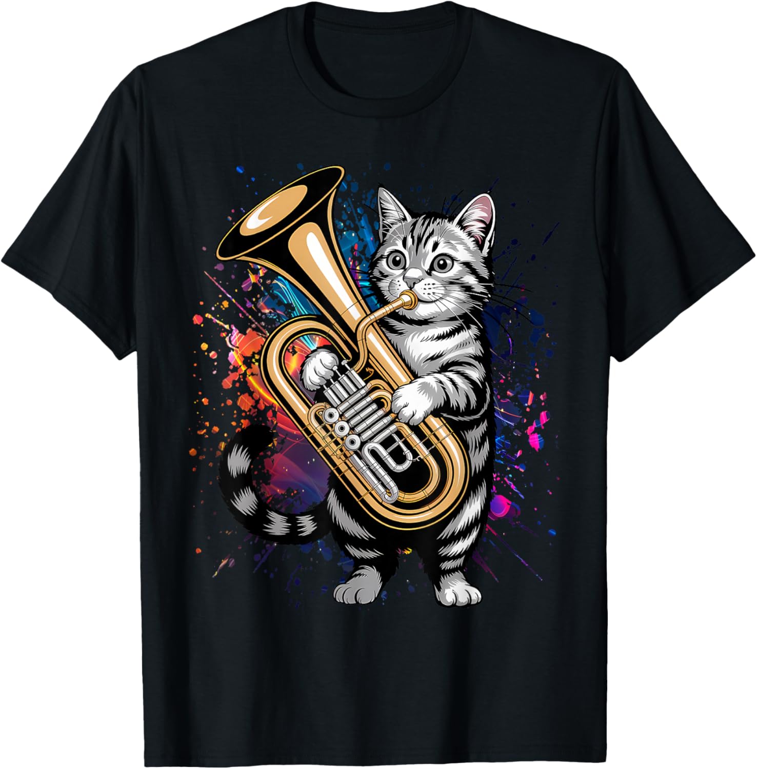 Cat Playing Marching Band Tuba Player Musician T-Shirt - T-Shirt | Black