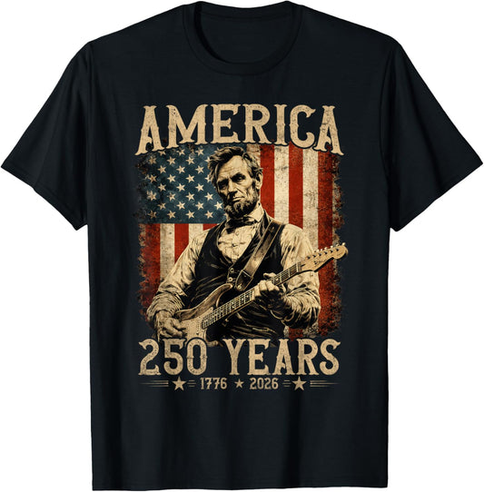 Abraham Lincoln Playing Guitar Rock and Roll American Flag T-Shirt - T-Shirt | Black