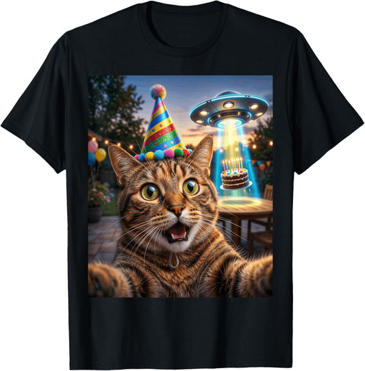 Funny Cat Selfie UFO Alien Abduction Birthday Cake T-Shirt - T-Shirt | Black