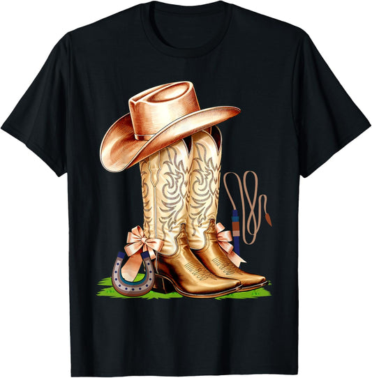Coquette Pink Bow Cowboy Boots Cute Teen Girls, Women T-Shirt - T-Shirt | Black