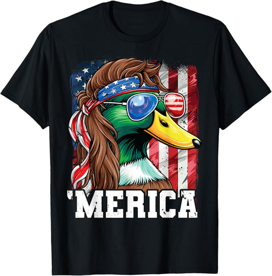 Merica USA American Flag Patriotic 4th of July Duck Hunting T-Shirt - T-Shirt | Black