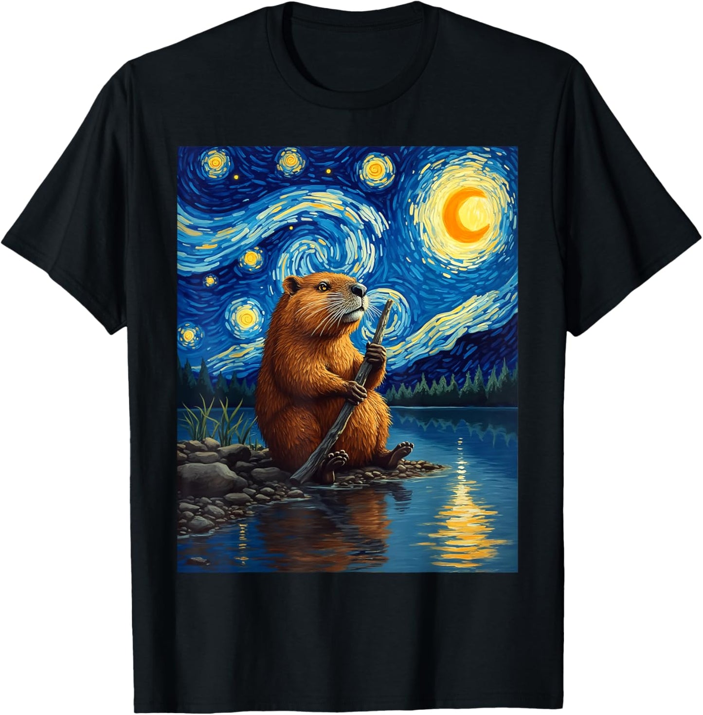 Van Gogh's Starry Night Beaver River Wildlife Art T-Shirt - T-Shirt | Black