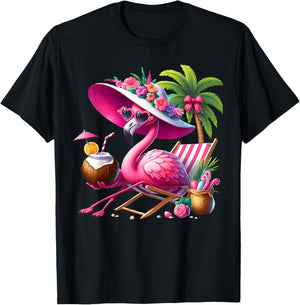 Flamingo Pink Palm Tree Tropical Beach Summer Holiday Women T-Shirt - T-Shirt | Black