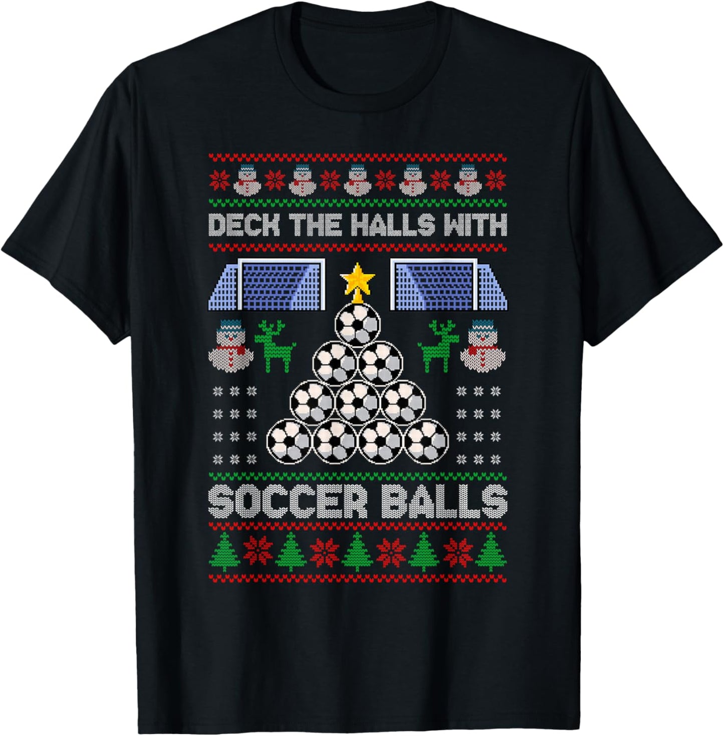 Deck The Hall With Soccer Balls Ugly Christmas Soccer Pajama T-Shirt - T-Shirt | Black