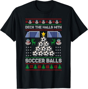 Deck The Hall With Soccer Balls Ugly Christmas Soccer Pajama T-Shirt - T-Shirt | Black