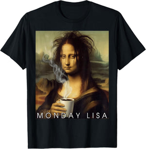 Monday Lisa Funny Coffee Art Parody Mona Lisa Holding Cup T-Shirt - T-Shirt | Black