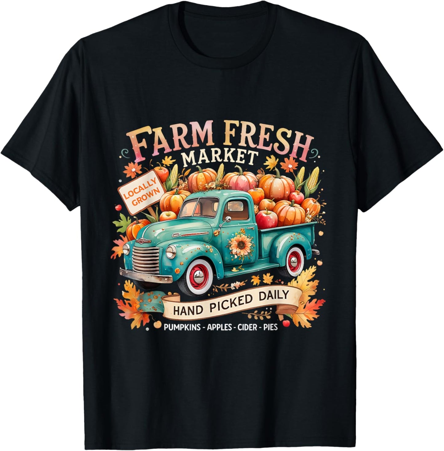 Farm Fresh Market Vintage Truck Pumpkin Fall T-Shirt - T-Shirt | Black