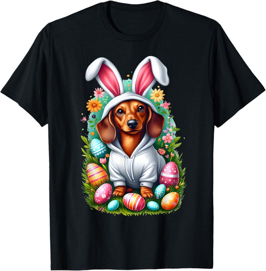 Cute Dachshund Easter Bunny Funny Wiener Dog Easter Egg Hunt T-Shirt - T-Shirt | Black