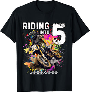 Kids Riding Into 5th Boy Dirt Bike MX Motocross Birthday T-Shirt - T-Shirt | Black
