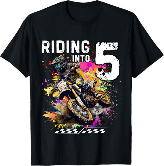 Kids Riding Into 5th Boy Dirt Bike MX Motocross Birthday T-Shirt - T-Shirt | Black