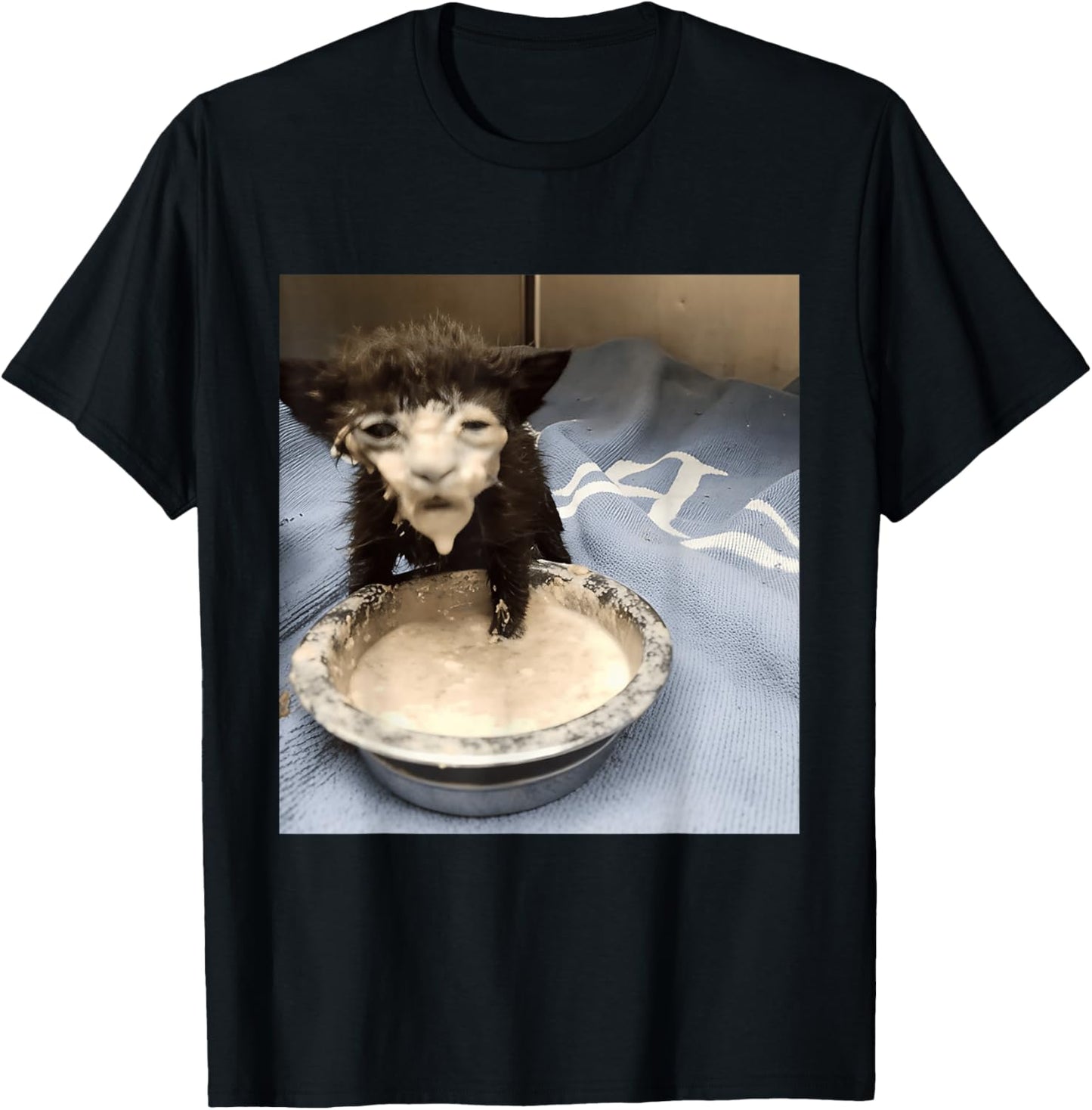 Funny Cat Drinking Milk Meme Whimsical Black Cat Brainrot T-Shirt - T-Shirt | Black