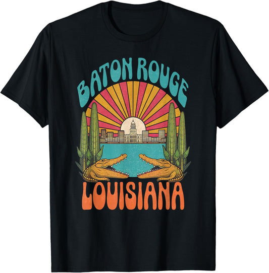 Vintage Baton Rouge Louisiana Skyline Cityscape Retro Style T-Shirt - T-Shirt | Black