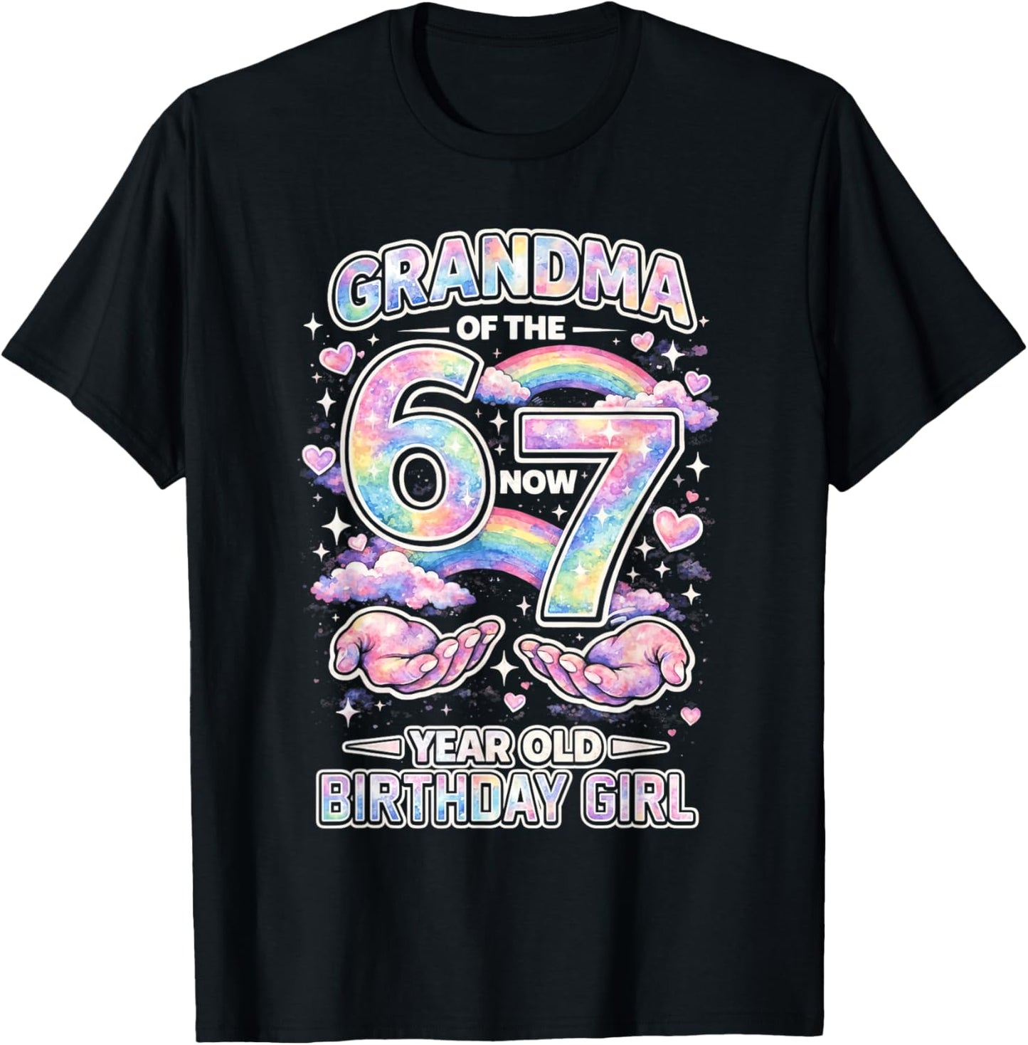 Grandma 67 Birthday 7 Years Old Watercolor Pastel Rainbow T-Shirt - T-Shirt | Black