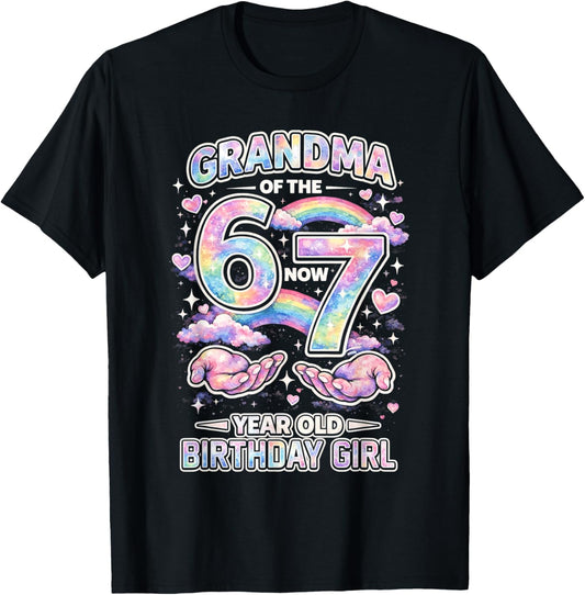 Grandma 67 Birthday 7 Years Old Watercolor Pastel Rainbow T-Shirt - T-Shirt | Black