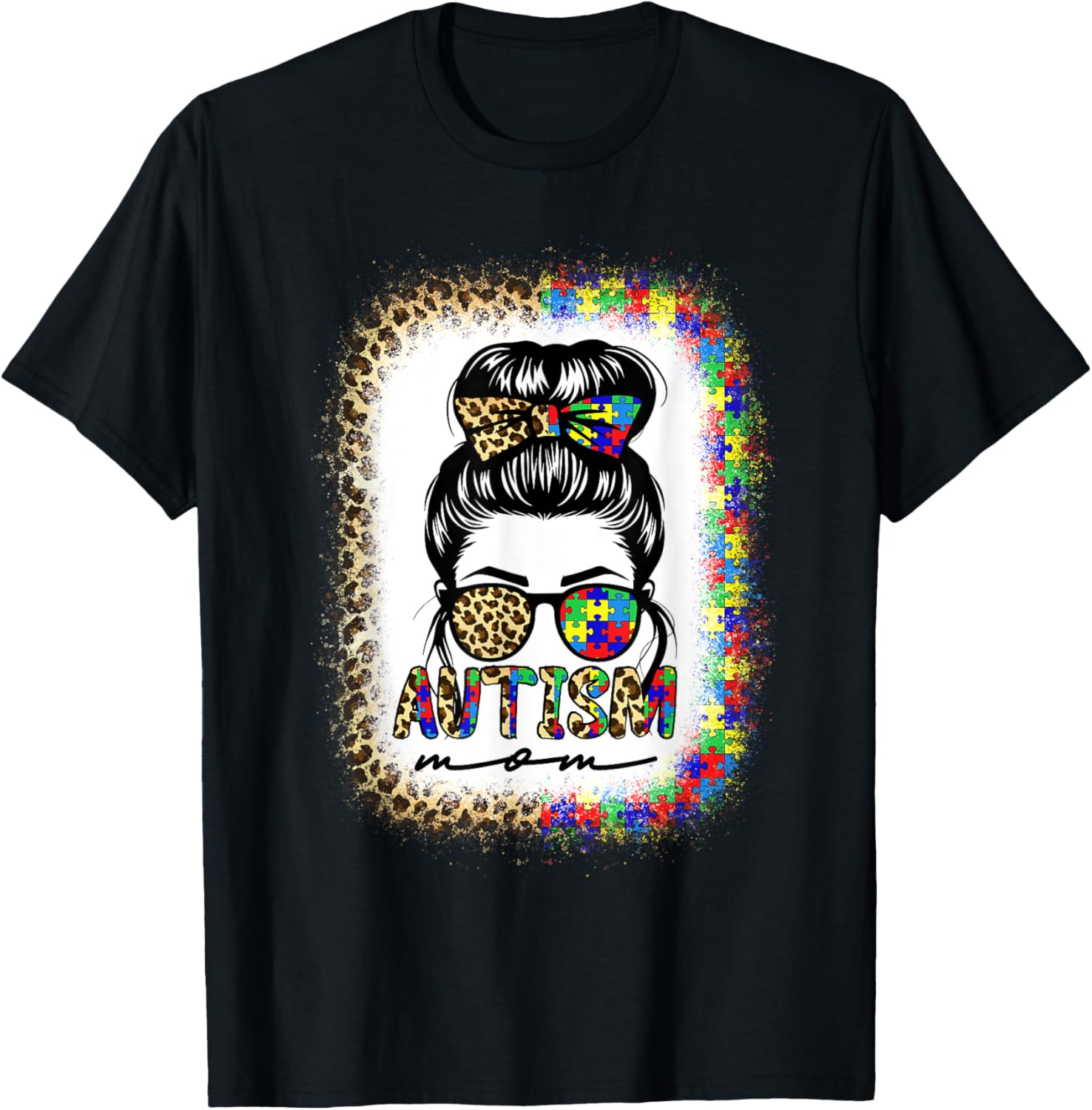 Autism Mom Messy Bun Puzzle Piece Awareness Mothers Day T-Shirt - T-Shirt | Black
