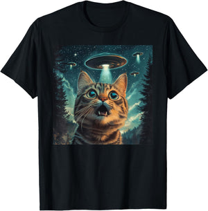 Cat Selfie With Alien UFO Funny Cat Men Women Kids T-Shirt - T-Shirt | Black
