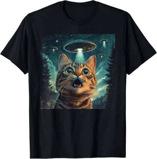 Cat Selfie With Alien UFO Funny Cat Men Women Kids T-Shirt - T-Shirt | Black