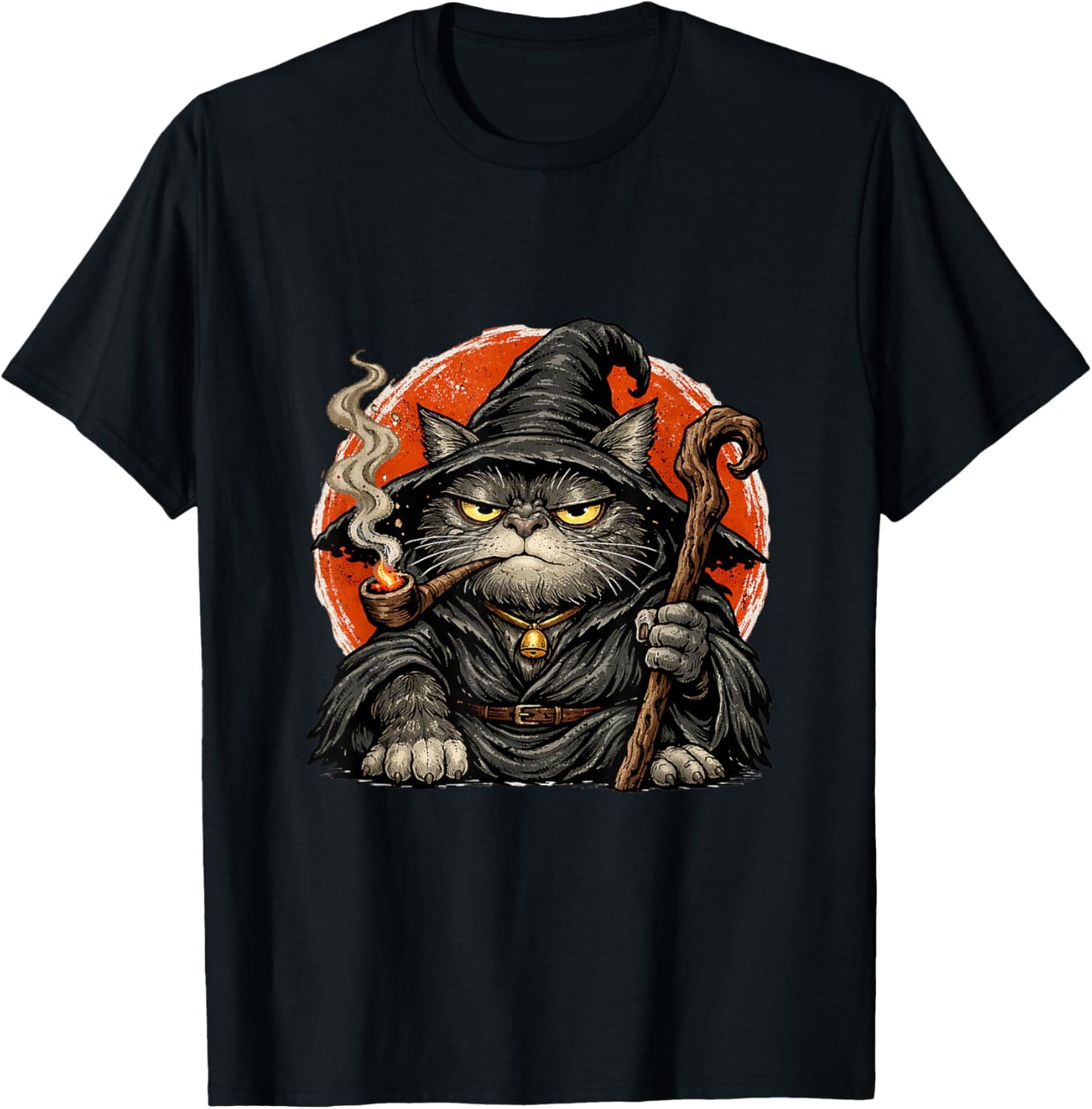 Funny Japanese Cat Wizard Smoking Pipe Mystical Feline Mage T-Shirt - T-Shirt | Black