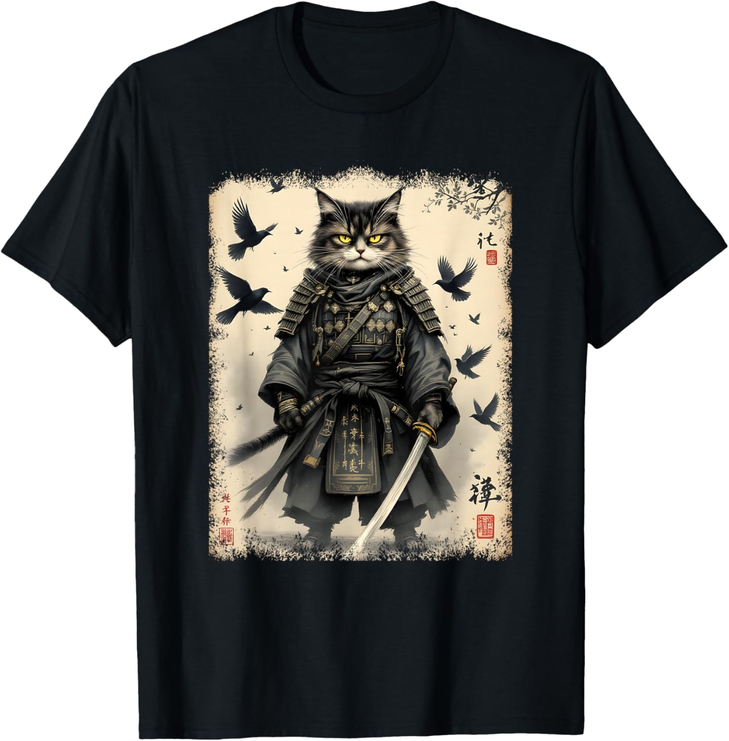 Samurai Cat, Japanese Warrior | Vintage Anime & Samurai Art T-Shirt - T-Shirt | Black