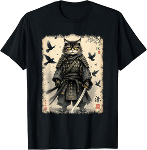 Samurai Cat, Japanese Warrior | Vintage Anime & Samurai Art T-Shirt - T-Shirt | Black