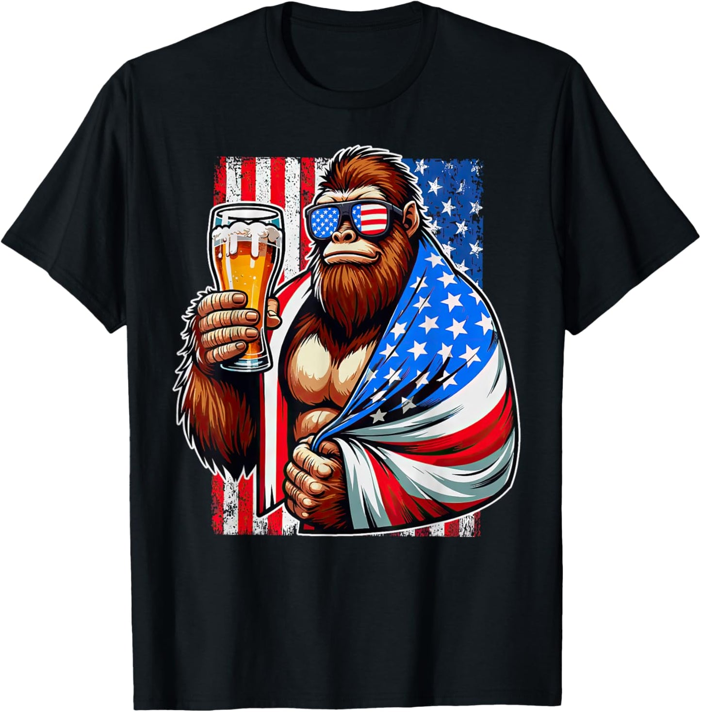 Bigfoot American Flag Drinking Beer 4th Of July Patriotic Men T-Shirt - T-Shirt | Black