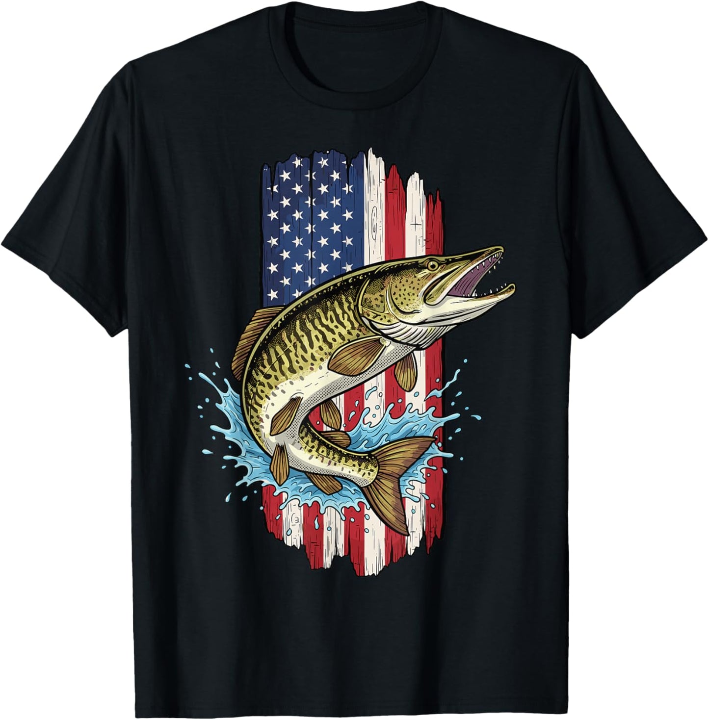 Musky Fishing, American Flag with Musky T-Shirt - T-Shirt | Black