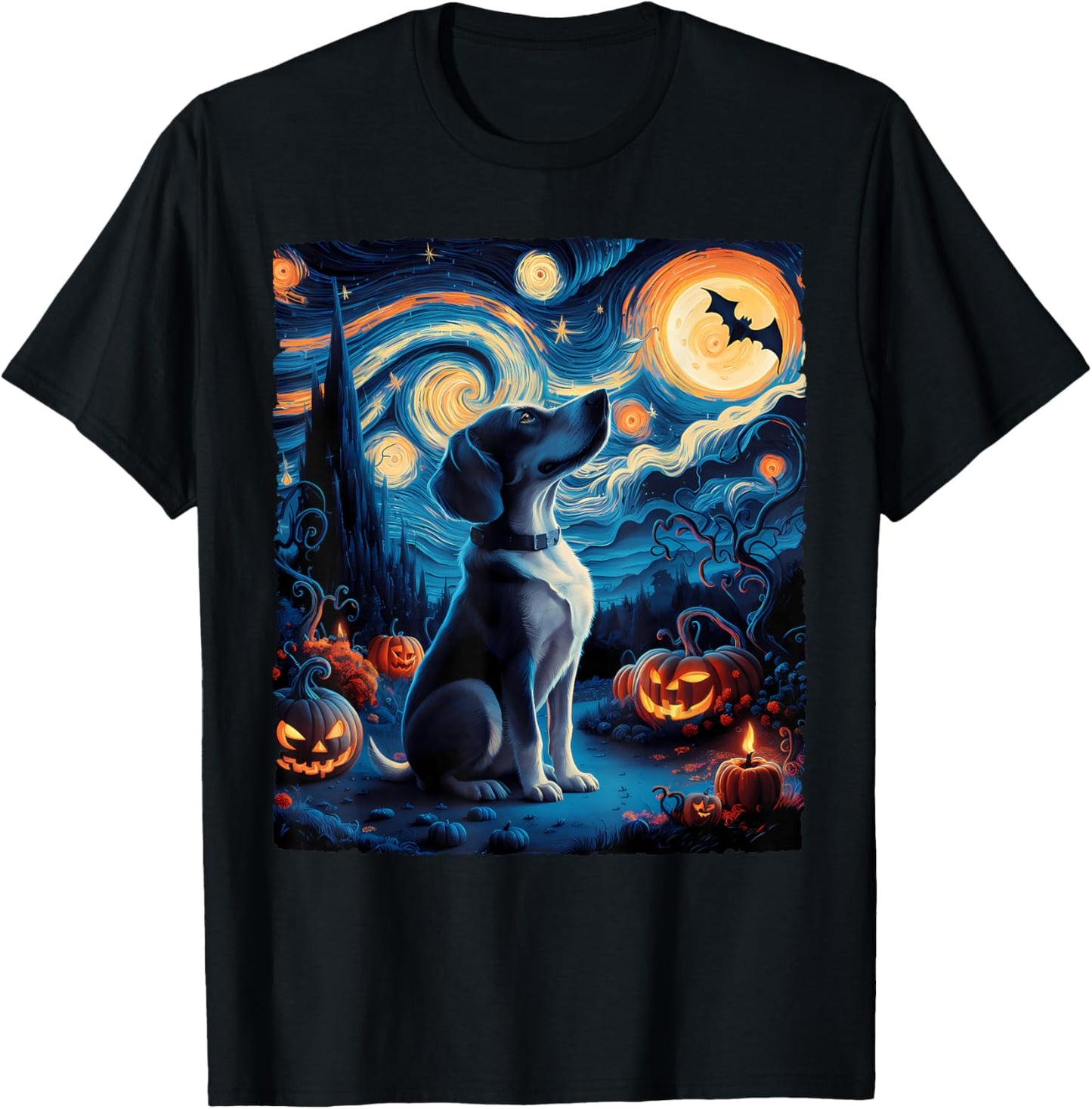 Van Gogh' Starry Night Dog Pumpkins Bats Funny Halloween Women Kids T-Shirt - T-Shirt | Black