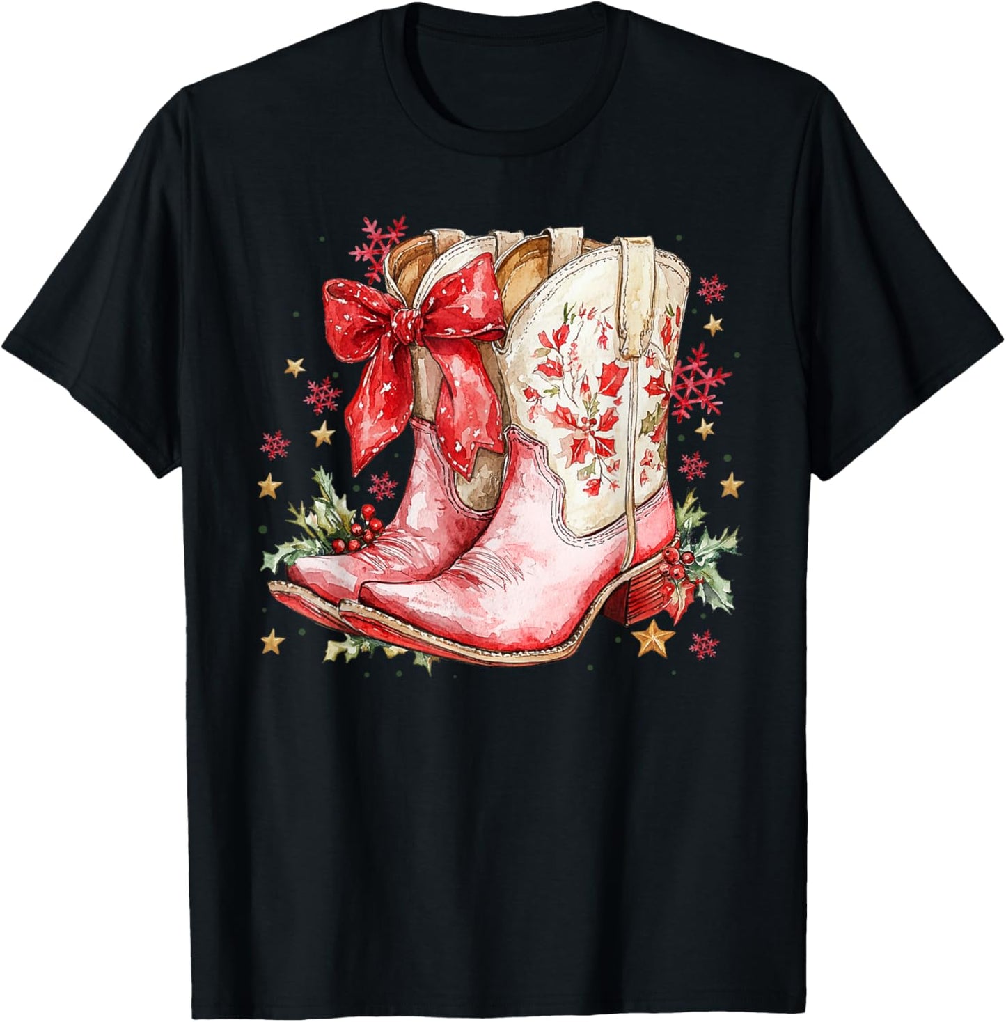 Western Christmas Family Pajamas Bow Cowgirl Cowboy Boots T-Shirt - T-Shirt | Black