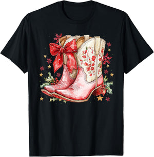 Western Christmas Family Pajamas Bow Cowgirl Cowboy Boots T-Shirt - T-Shirt | Black