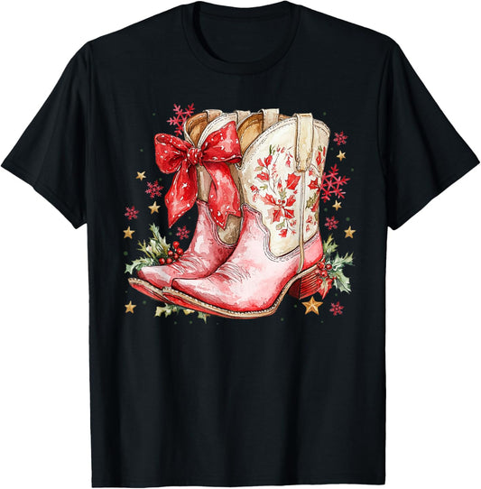 Western Christmas Family Pajamas Bow Cowgirl Cowboy Boots T-Shirt - T-Shirt | Black