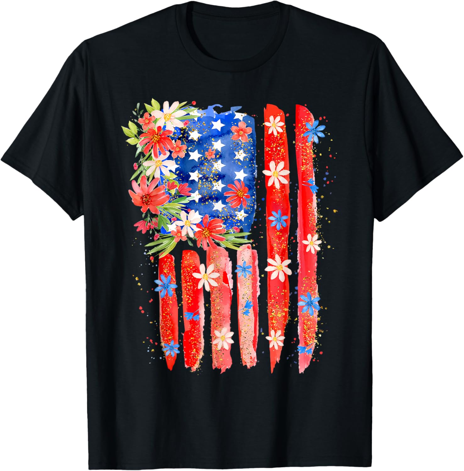 Flower Brushstroke US Flag 4th Of July Patriotic Graphic T-Shirt - T-Shirt | Black
