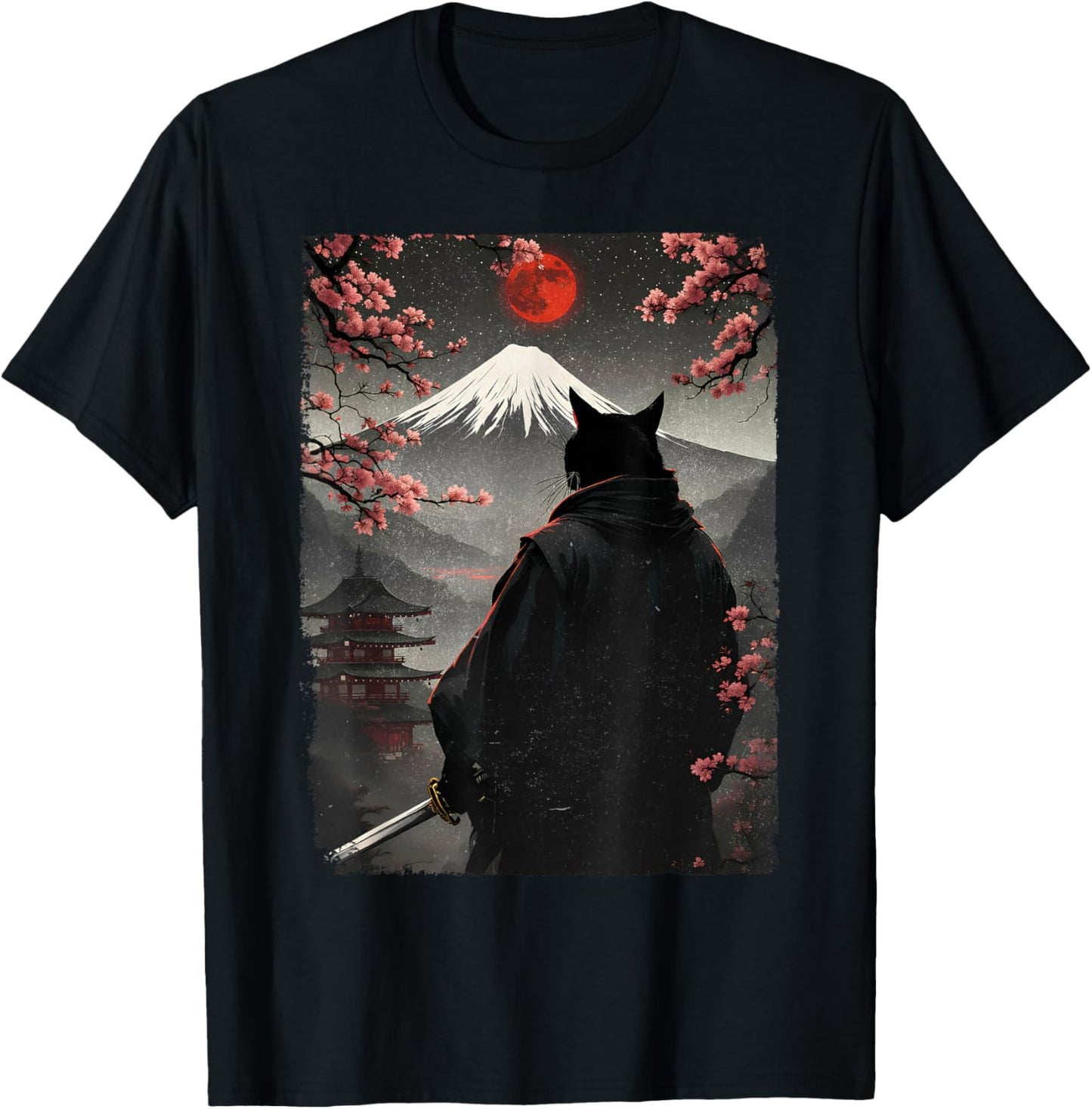Samurai Cat Warrior Blood Moon Fuji Mount Japanese Graphic T-Shirt - T-Shirt | Black