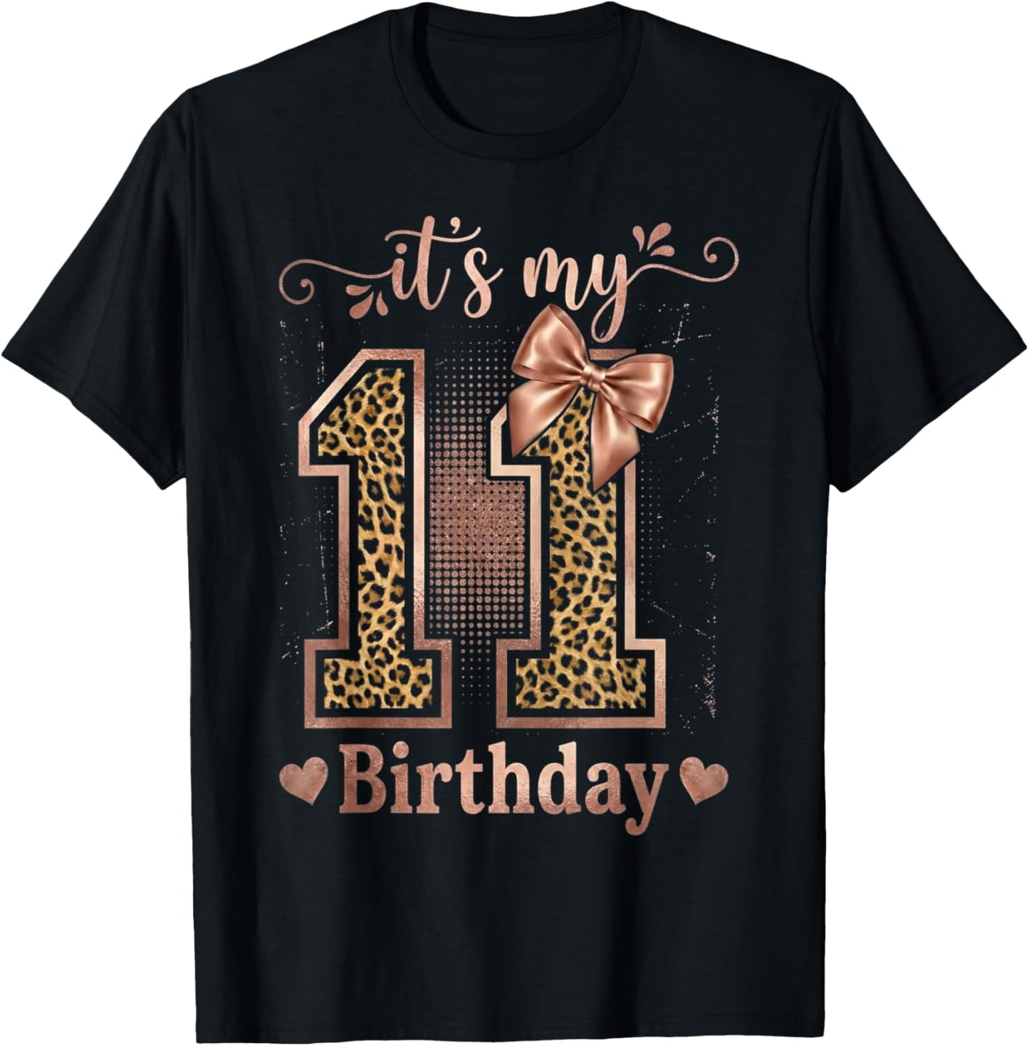 It's My 11th Birthday Girl Coquette Bow 11 Year Old Leopard T-Shirt - T-Shirt | Black