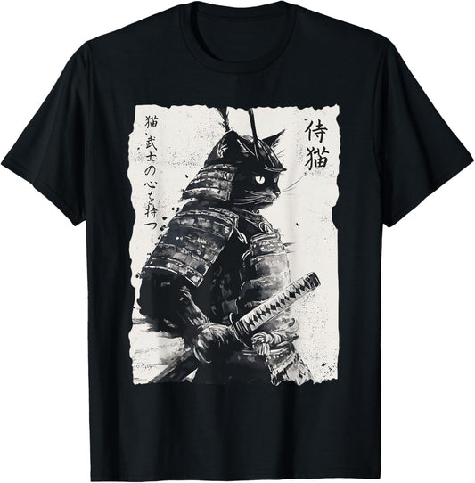 Samurai Cat, Vintage Japanese Warrior Art, Men, Women T-Shirt - T-Shirt | Black