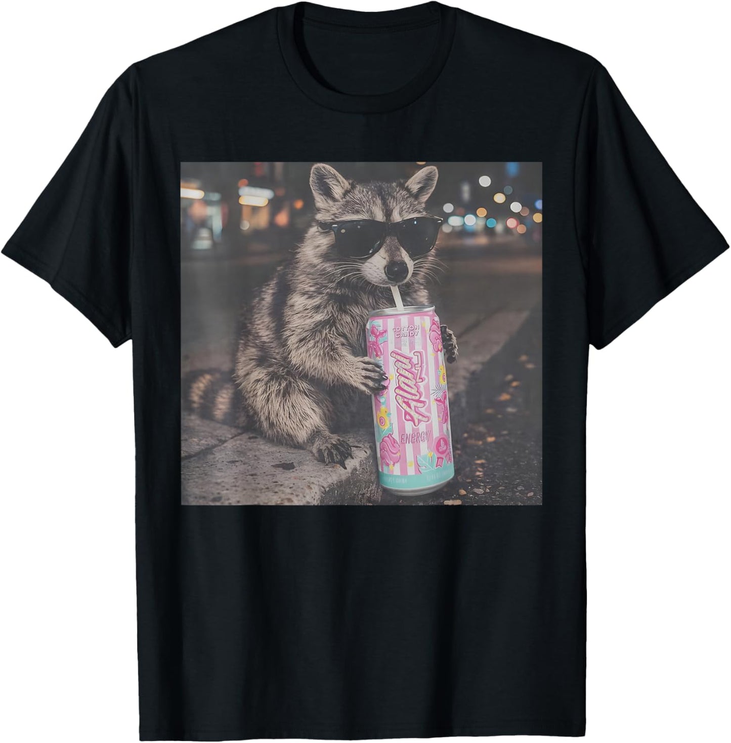 Funny Cool Raccoon Drinking Soda Funny Animal Meme Raccoon T-Shirt - T-Shirt | Black