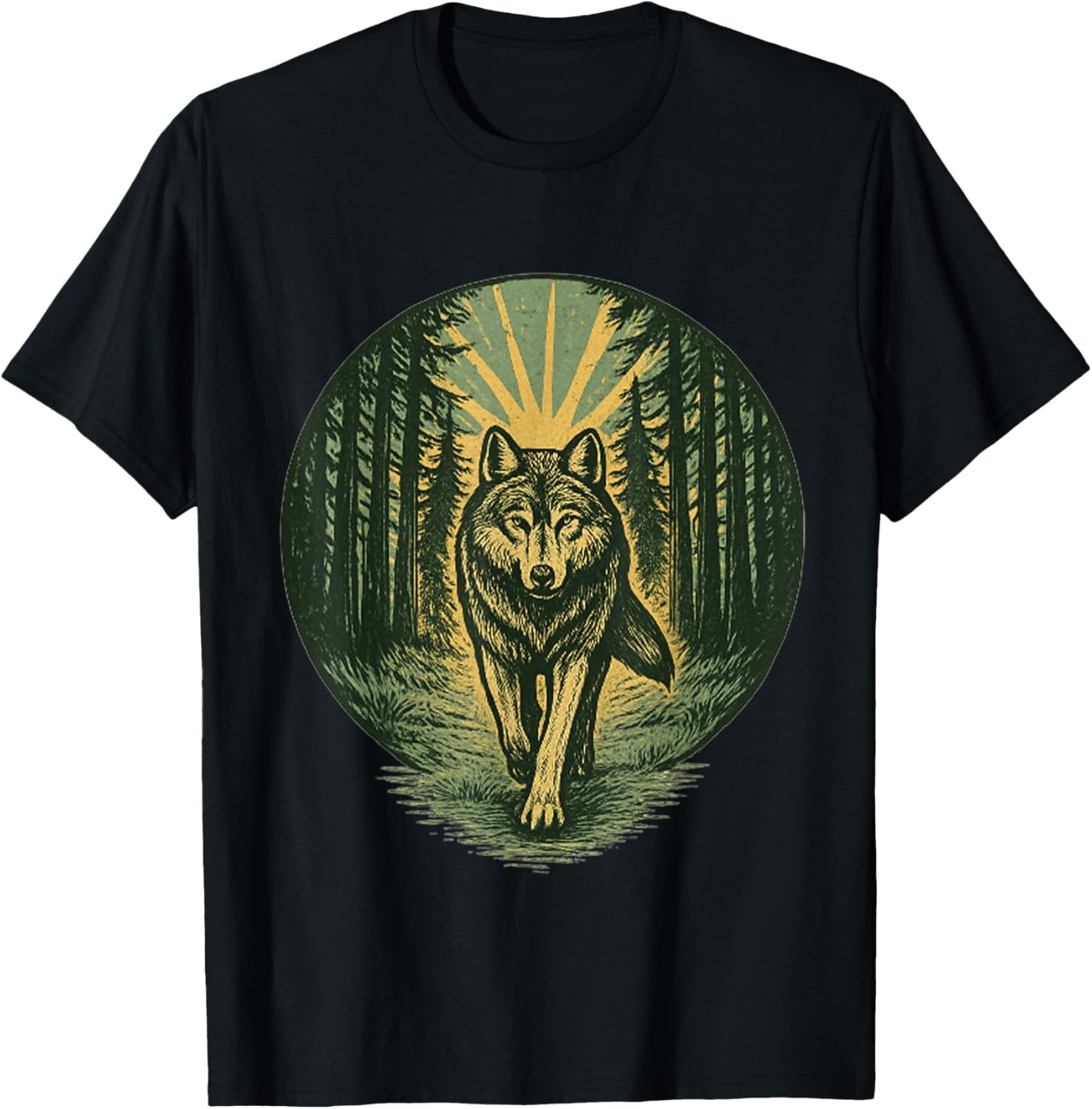 Strong Wolf Forest Path Vintage Woodcut Outdoor Nature Lover T-Shirt - T-Shirt | Black
