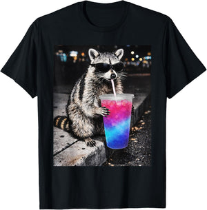 Raccoon Drinking Loaded Tea Cup Funny Animal Meme T-Shirt - T-Shirt | Black