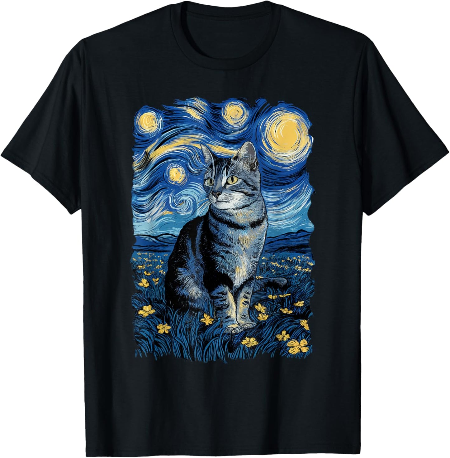 Van Gogh Cat Gifts Tabby Cat Owners Cat Lady Black Men Cat T-Shirt - T-Shirt | Black