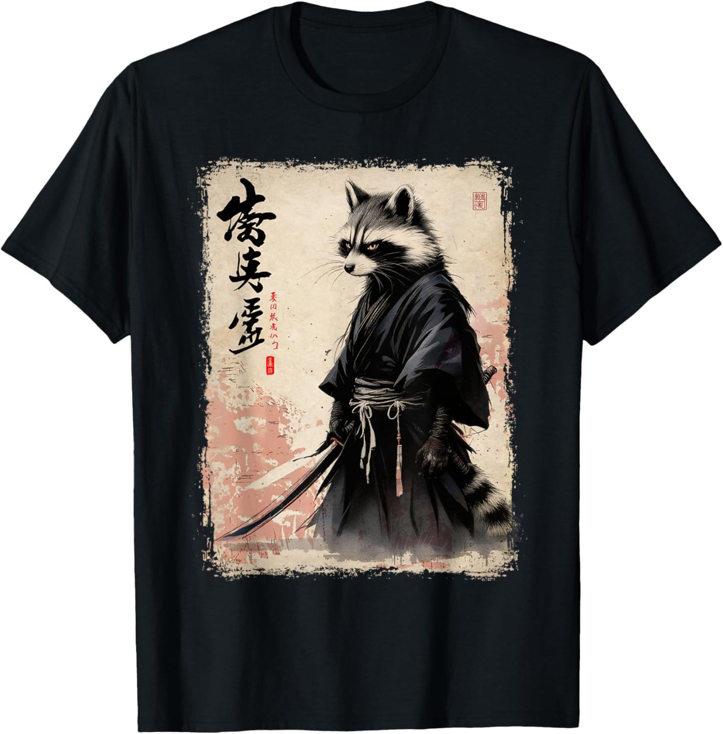 Raccoon Japanese Art Samurai Funny Raccoon Samurai T-Shirt - T-Shirt | Black