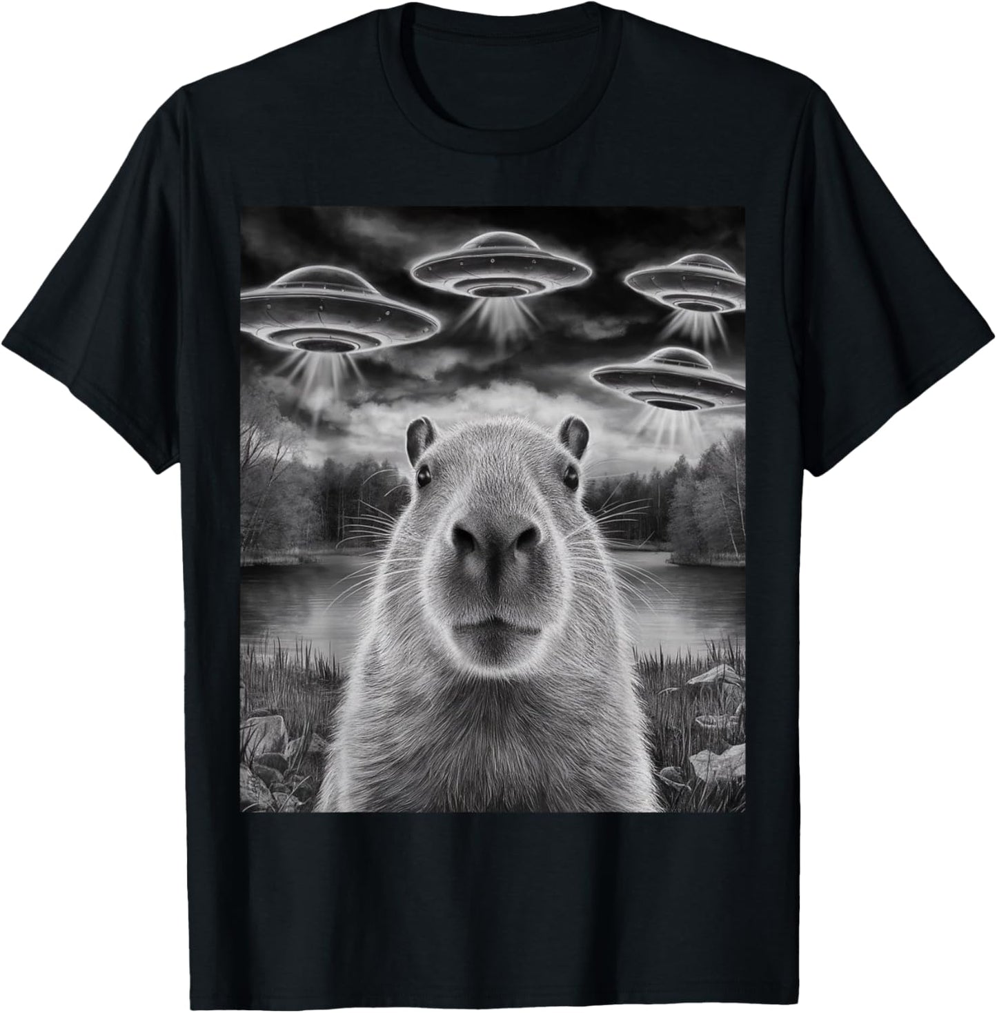 Funny Capybara Selfie with UFOs Weird Design Women Men T-Shirt - T-Shirt | Black