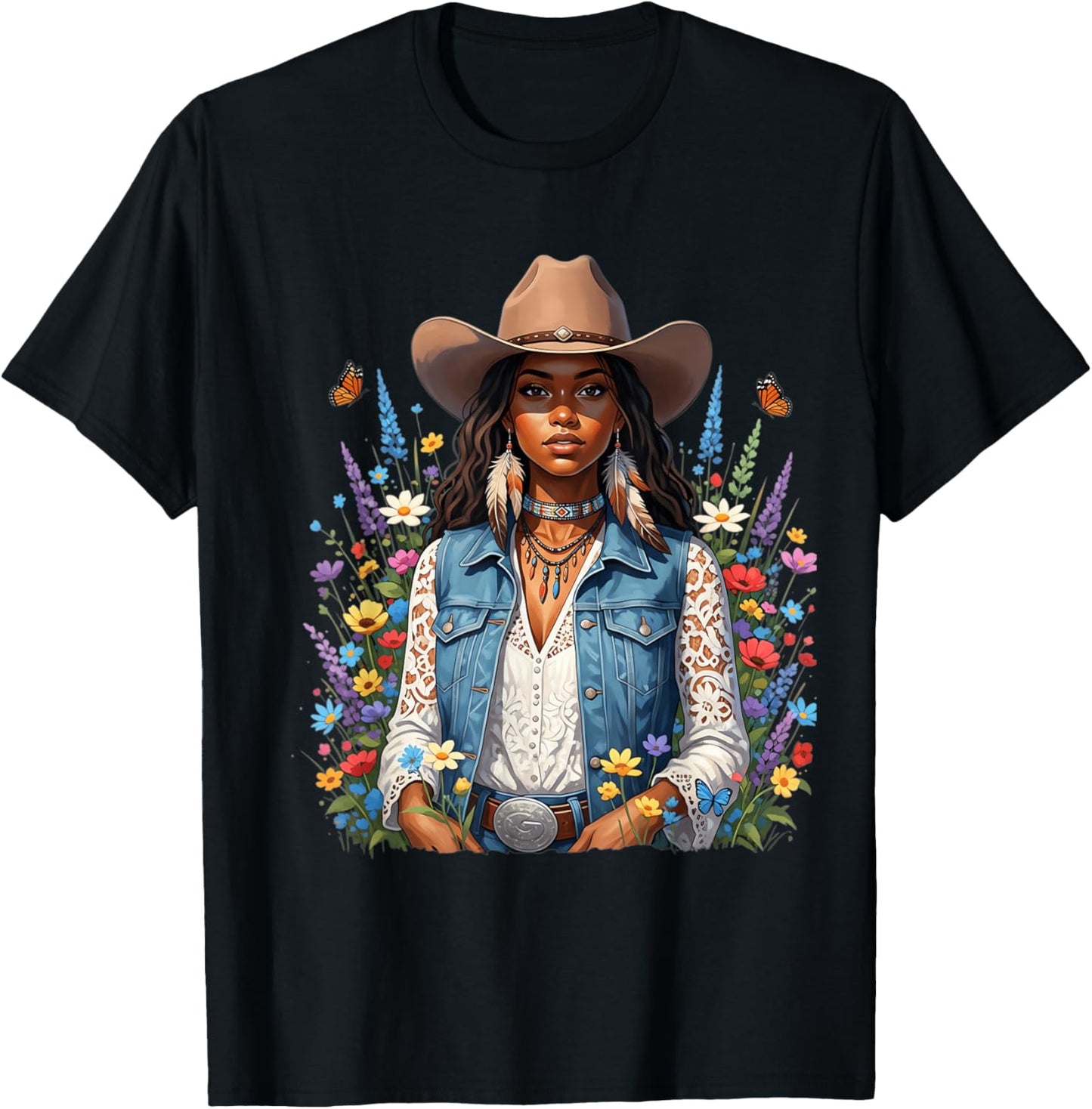 Beautiful Black Cowgirl with Wildflower Western Vibes Flower T-Shirt - T-Shirt | Black
