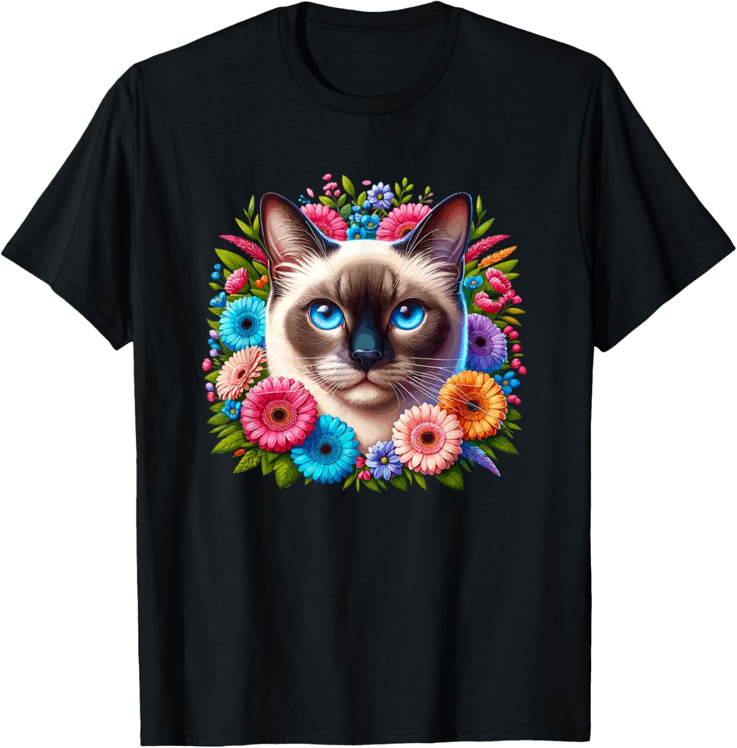 Floral Flowers Siamese Cat Meezer Men Women Kids T-Shirt - T-Shirt | Black