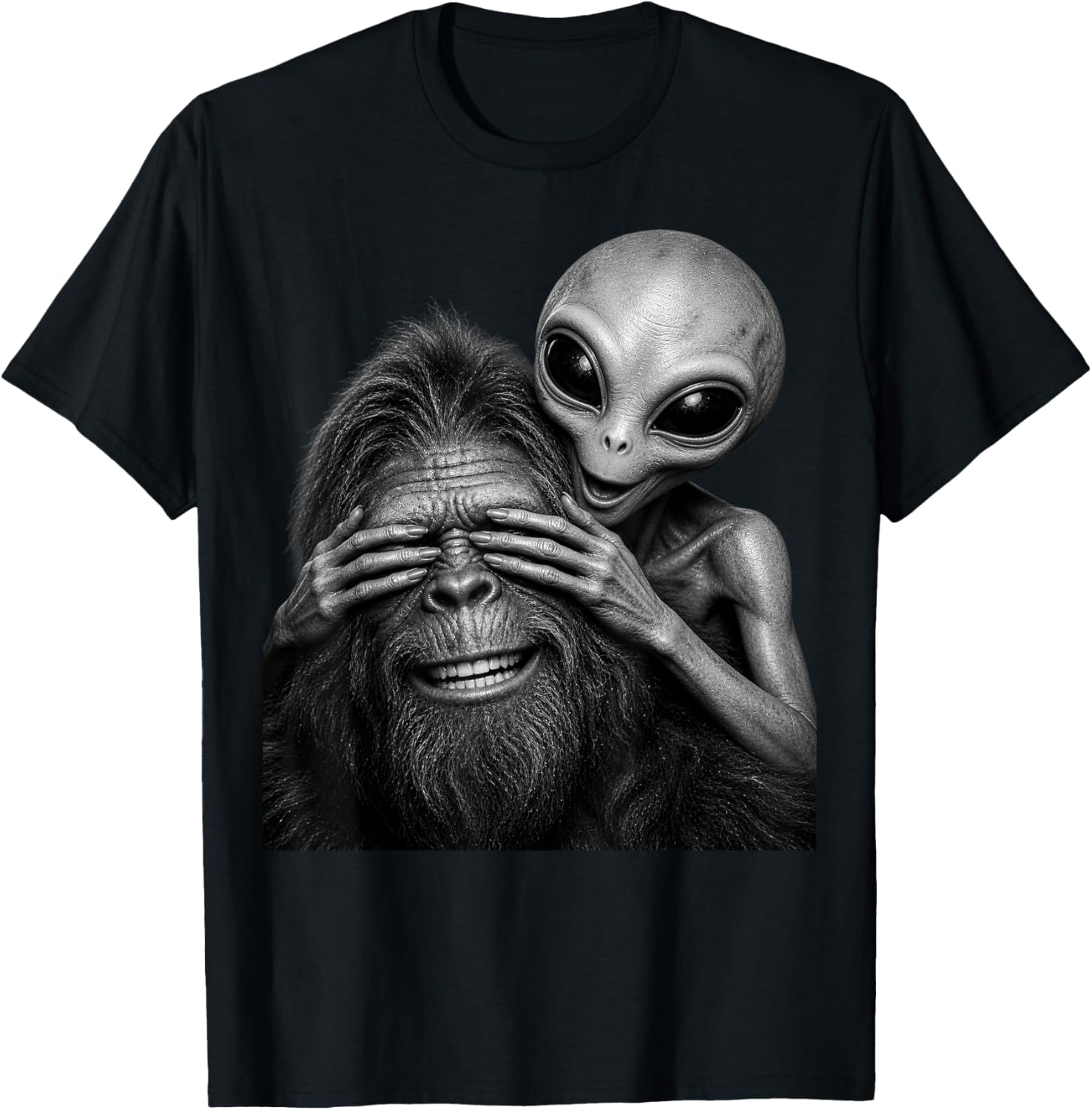 Alien Bigfoot See No Evil Funny Sasquatch UFO Conspiracy T-Shirt - T-Shirt | Black