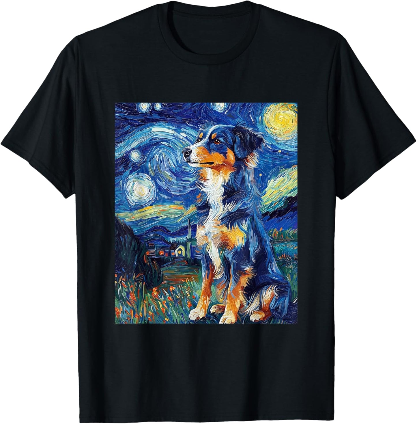 Australian Shepherd Dog - Van Gogh Style - Starry Night T-Shirt - T-Shirt | Black