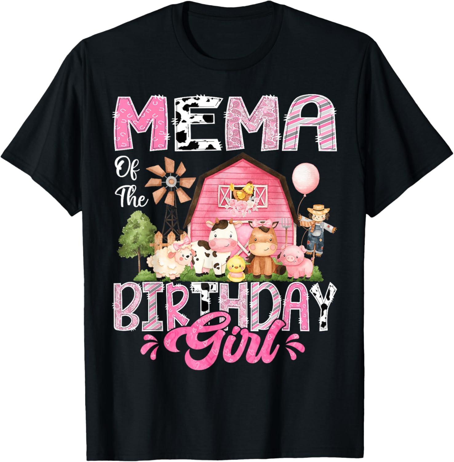 Mema Of The Birthday Girl Pink Farm Cow First Birthday T-Shirt - T-Shirt | Black