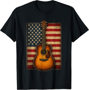 Guitar 4th of July American Flag USA Country Music T-Shirt - T-Shirt | Black