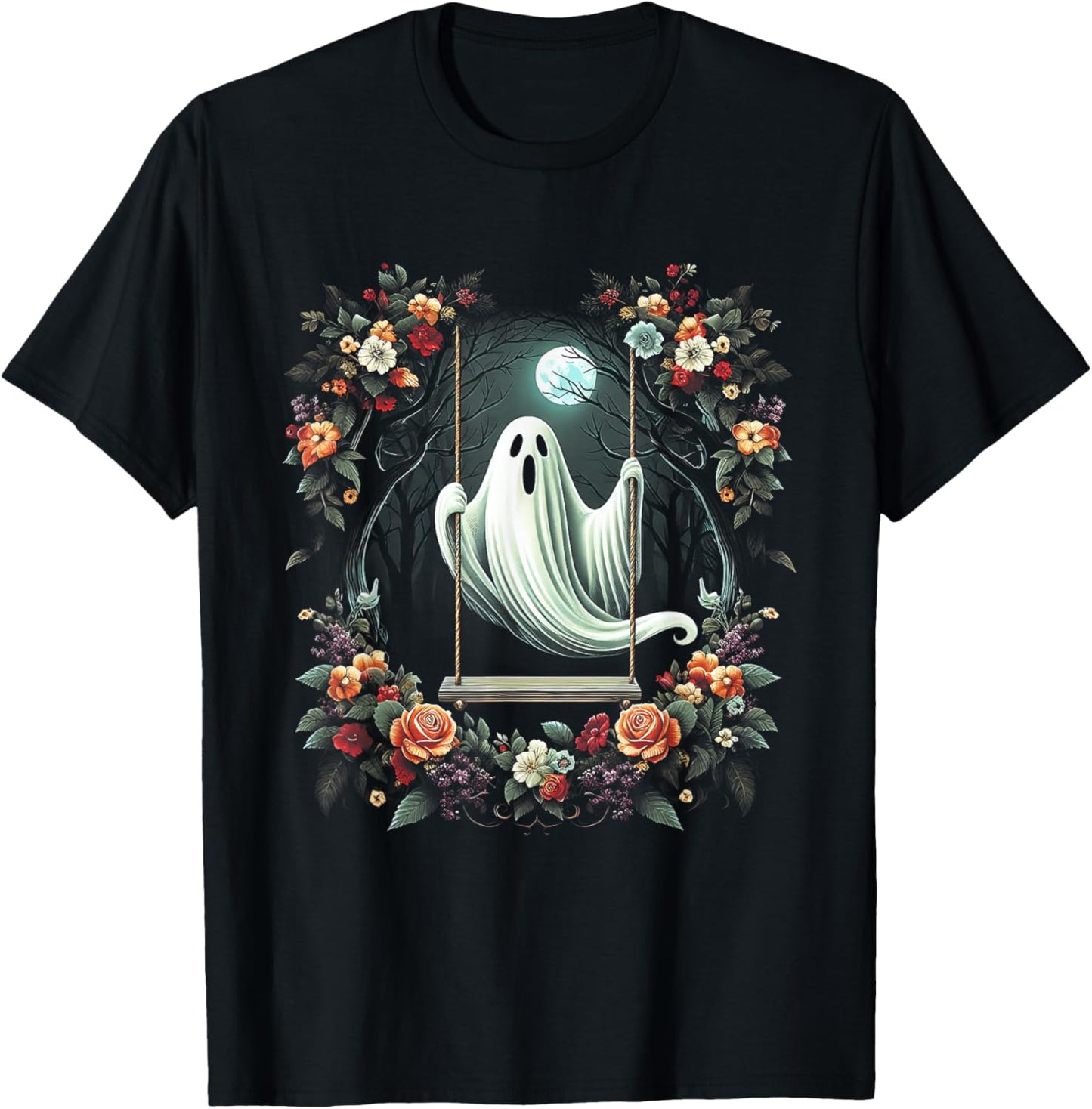 Vintage Floral Ghost On Swing In Forest Halloween Gothic T-Shirt - T-Shirt | Black