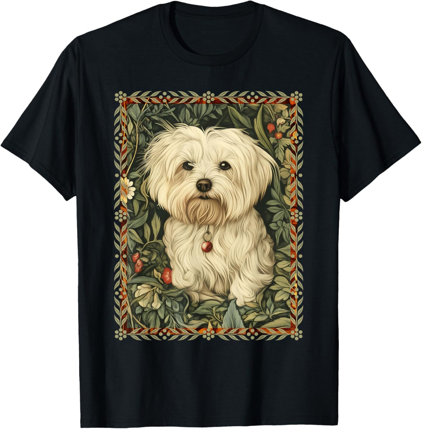 Maltese Dog in a William Morris Vintage Garden T-Shirt - T-Shirt | Black