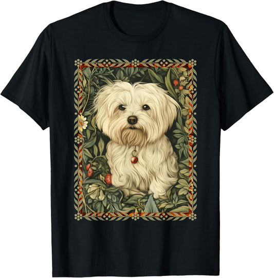 Maltese Dog in a William Morris Vintage Garden T-Shirt - T-Shirt | Black