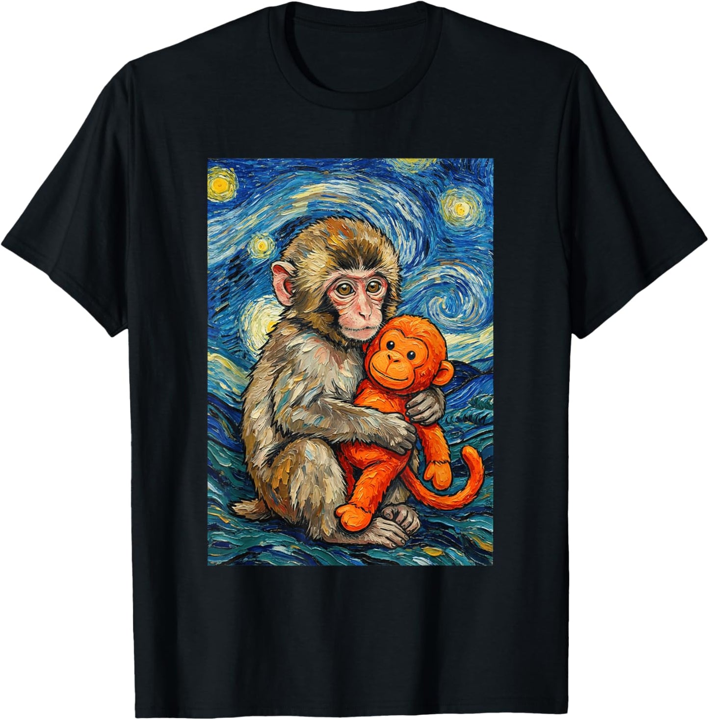 Cute Baby Monkey Punch Meme Starry Night Van Gogh T-Shirt - T-Shirt | Black